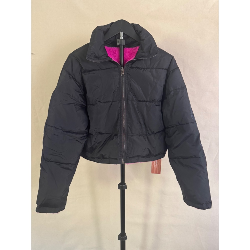 SHEIN Black Cropped Puffer Jacket M Hot Pink Faux Fur Lined NWT MSRP $45